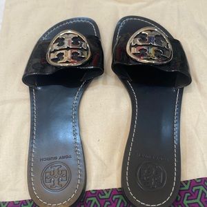 Tory Burch Black Patent and Silver Slides